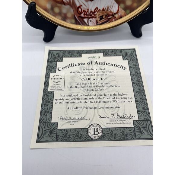 Cal Ripken Jr 1995 Record Breaker Bradford Exchange Gold Foil Plate w/ COA - Picture 3 of 10